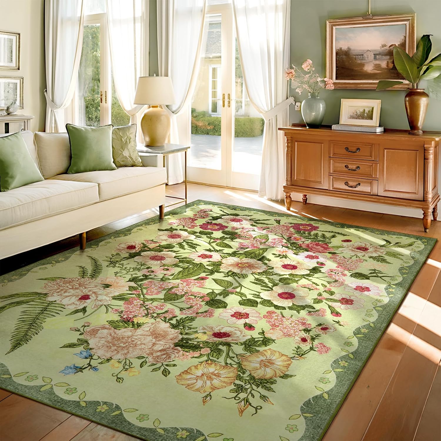 Floral Washable 5x7 Area Rugs for Living Room and Bedroom