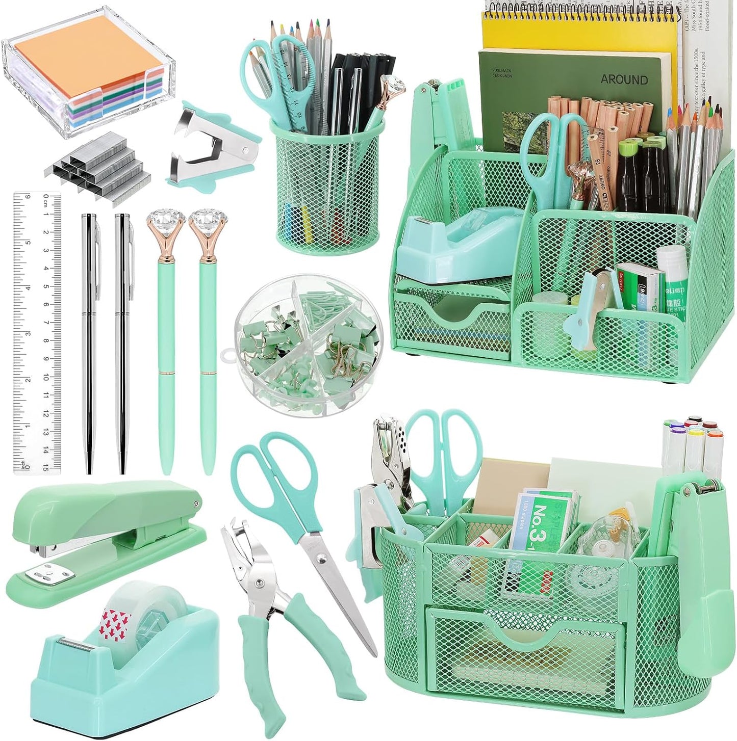 17 in 1 Green Desk Organizers Set for Office Supplies Storage