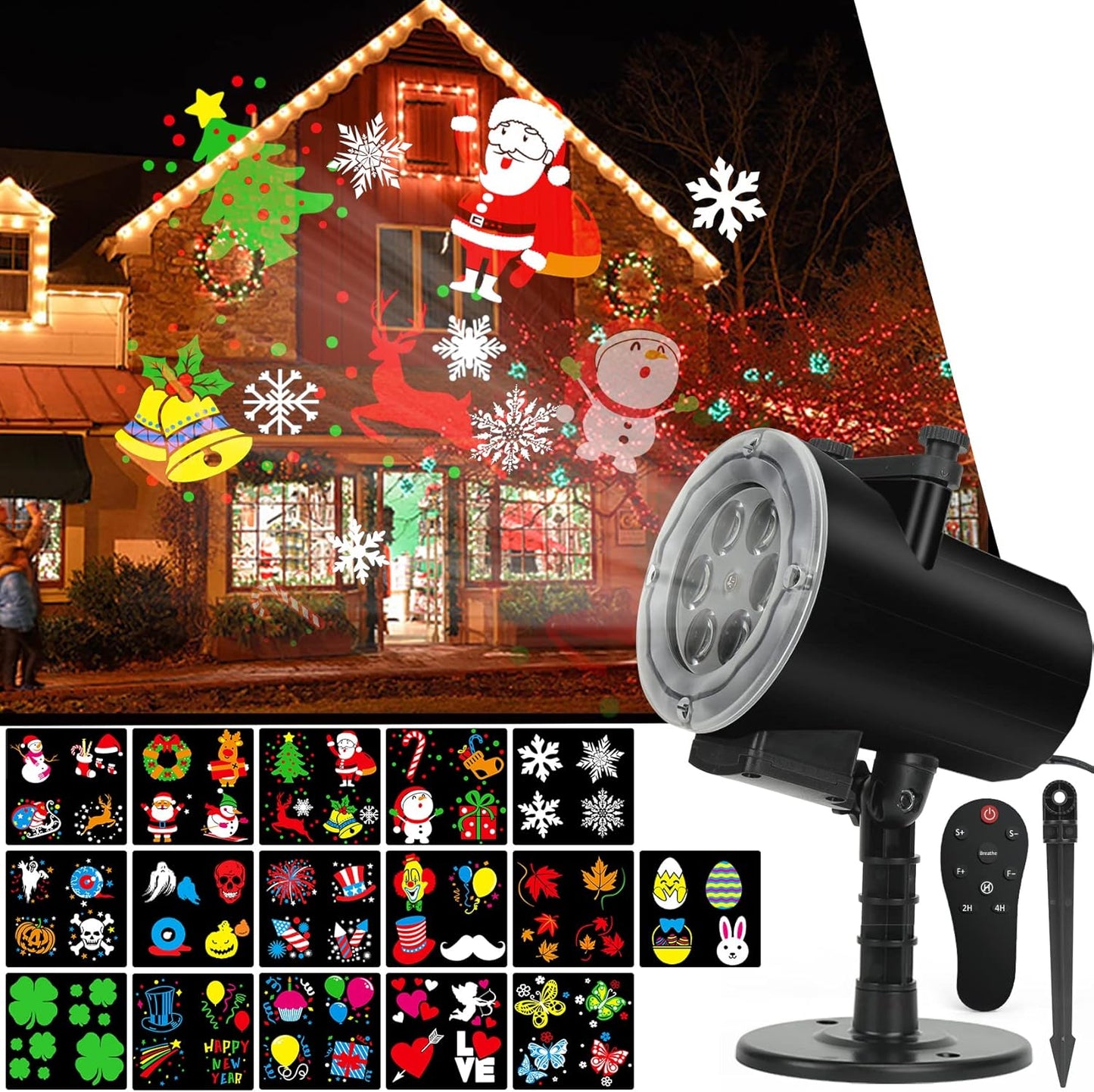 Sunbox Christmas Lights Projector: Motion Remote Control, 16 Slides, Waterproof IP65