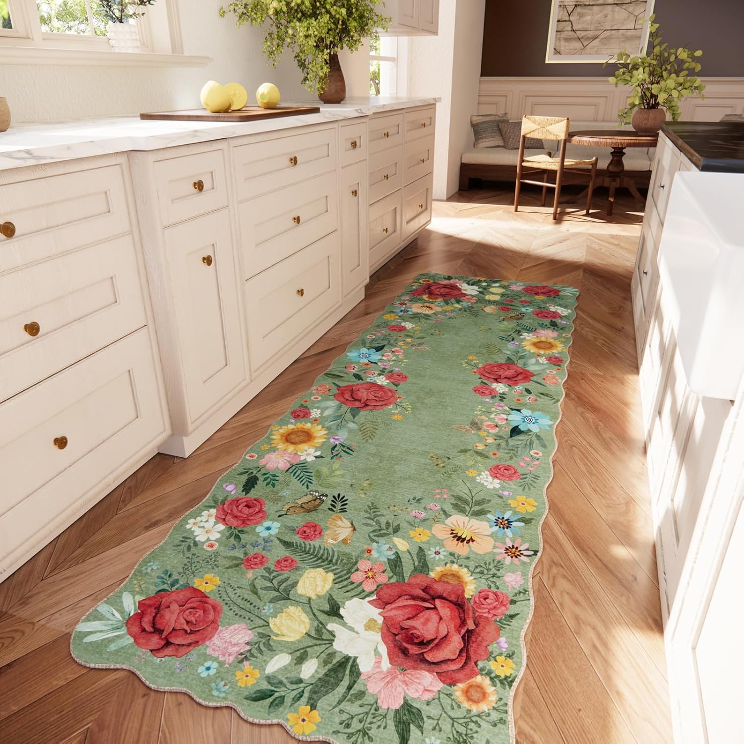 Floral Rug for Kitchen 2ft 6in'x8ft Washable Vintage Runner Rug