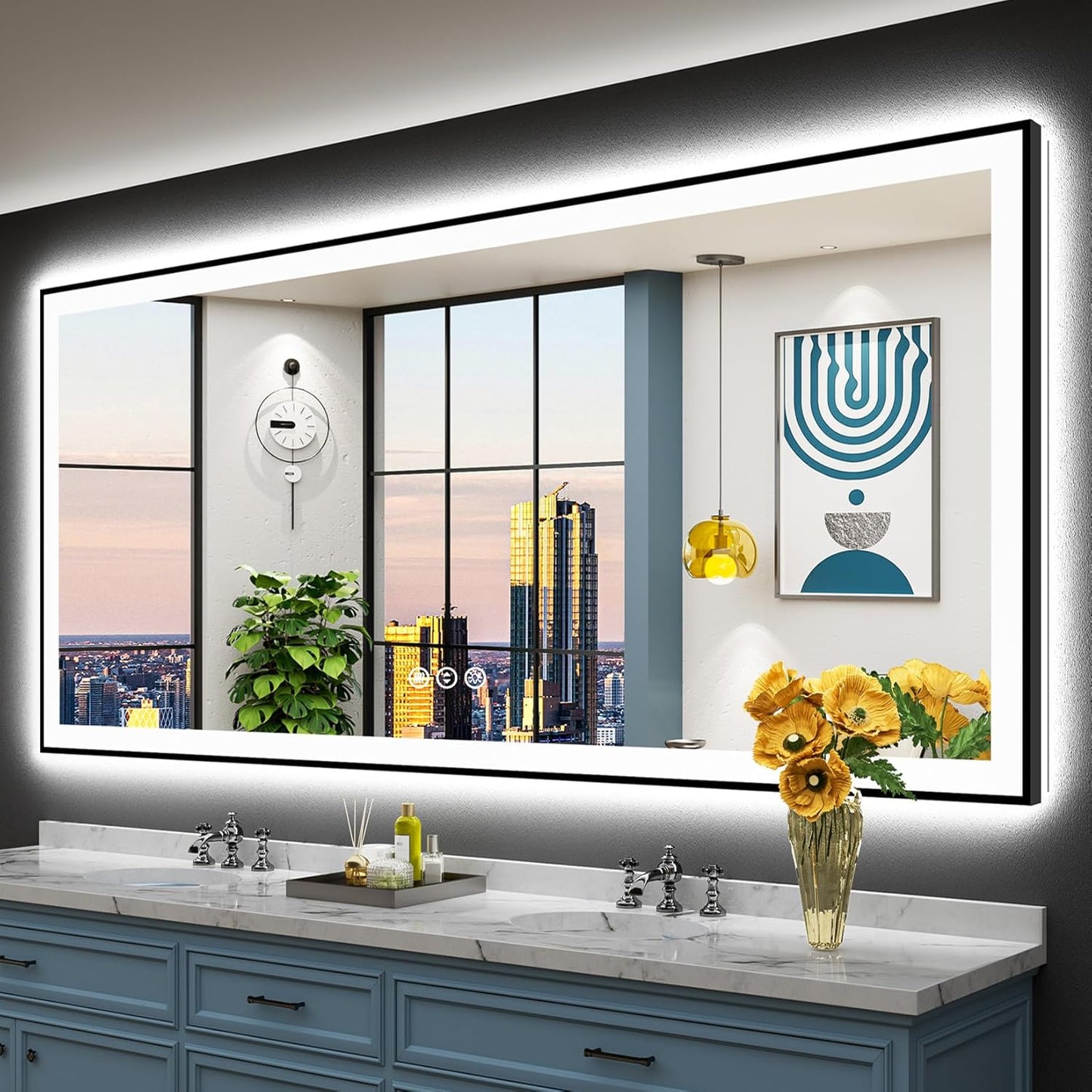 88x38 Black Framed LED Bathroom Mirror with Anti-Fog Feature
