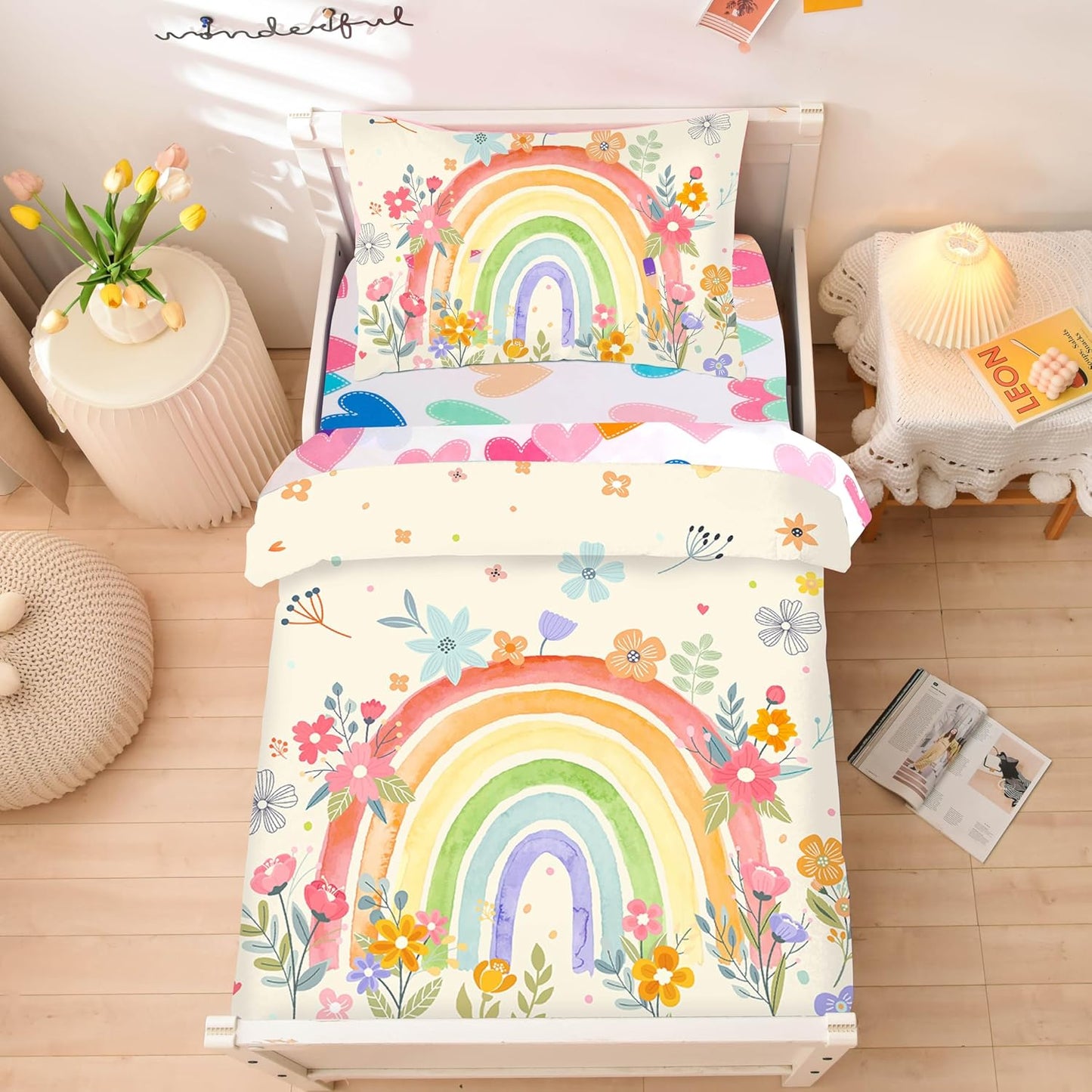 NTBED Toddler Bedding Set with Rainbow Floral Design for Girls