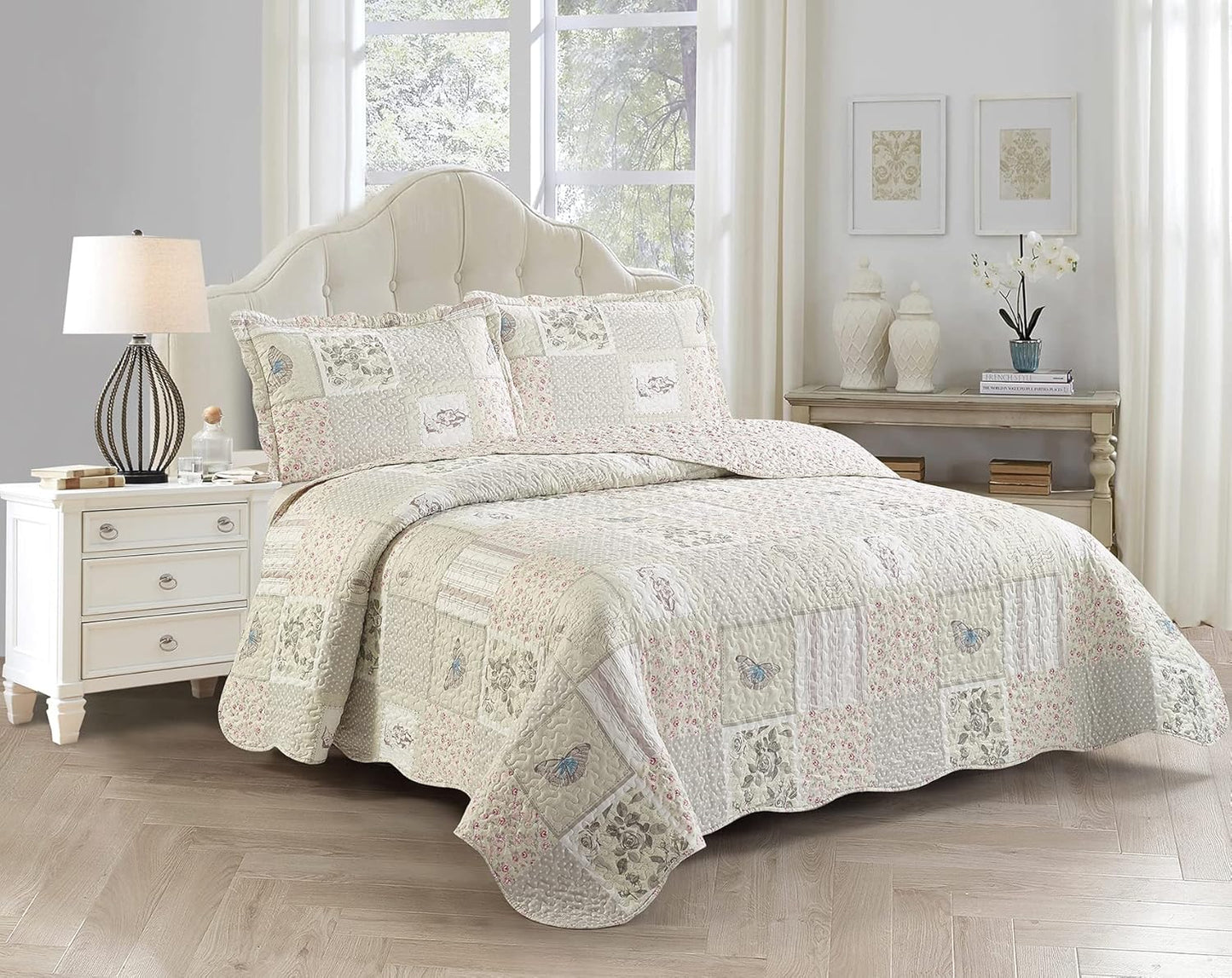 Brilliant Sunshine Grey Angel Pink Floral Quilt Set for All Seasons