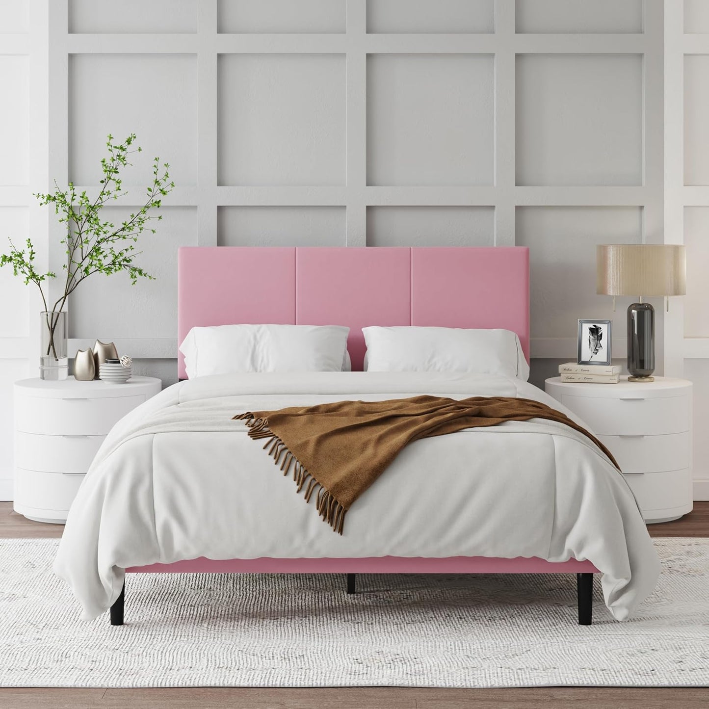 Full Size Platform Bed Frame with Upholstered Headboard in Pink