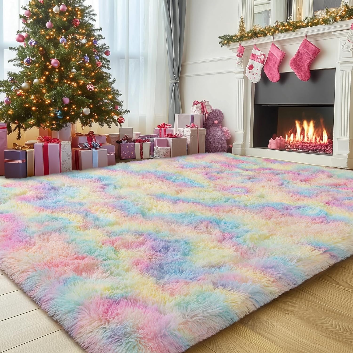 6x9 Girls Area Rugs for Bedroom, Soft Fluffy Rainbow Rug