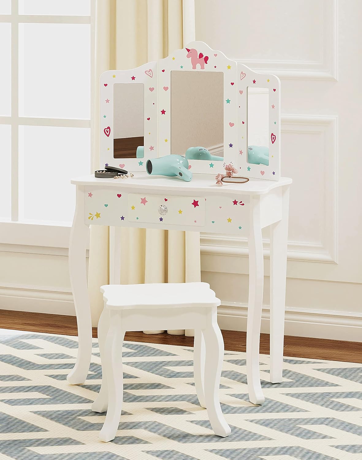 UTEX Pretend Play Kids Vanity Table Set with Mirror and Chair