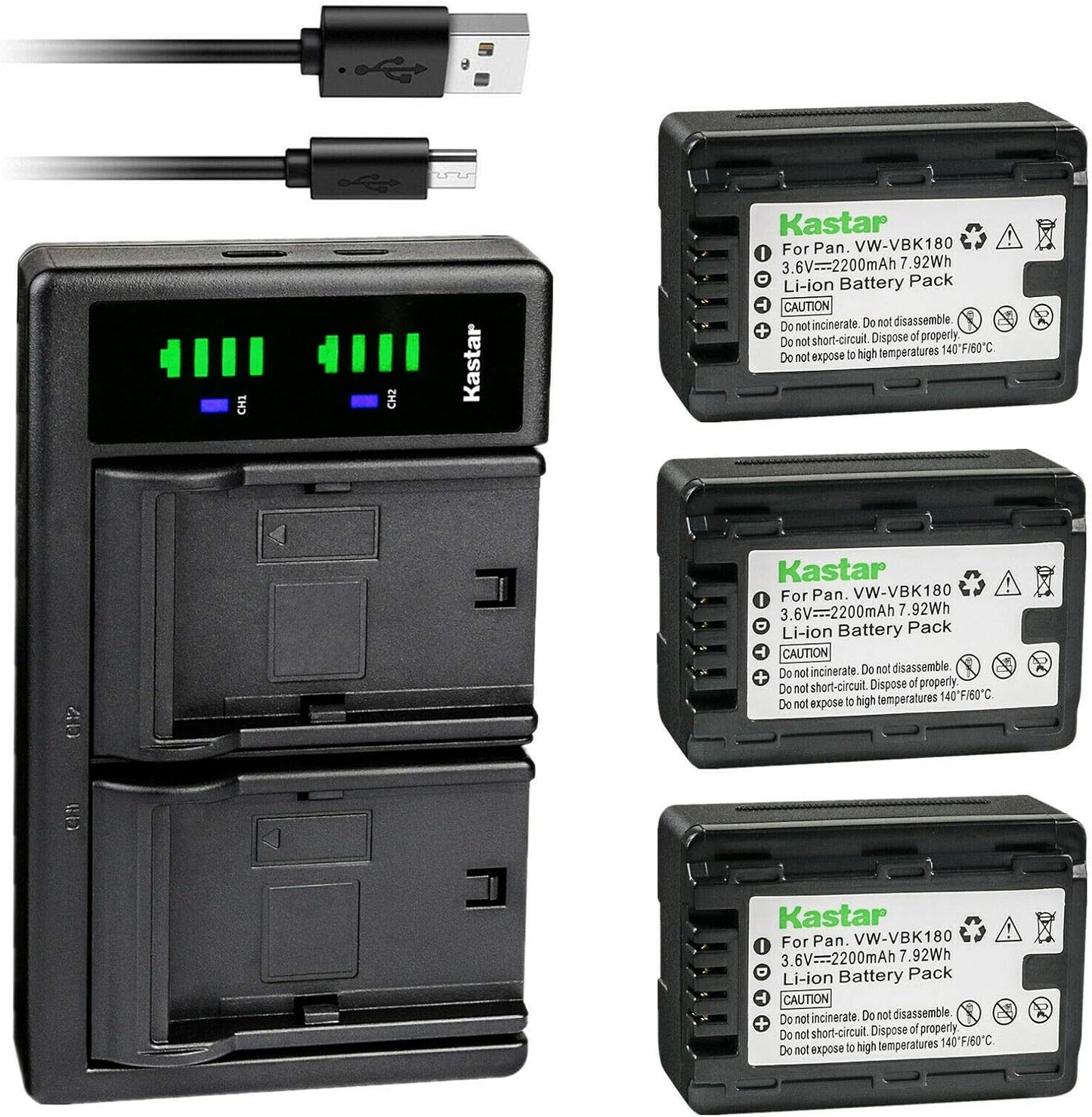 Kastar 3-Pack VW-VBK180 Battery and USB Charger for Panasonic