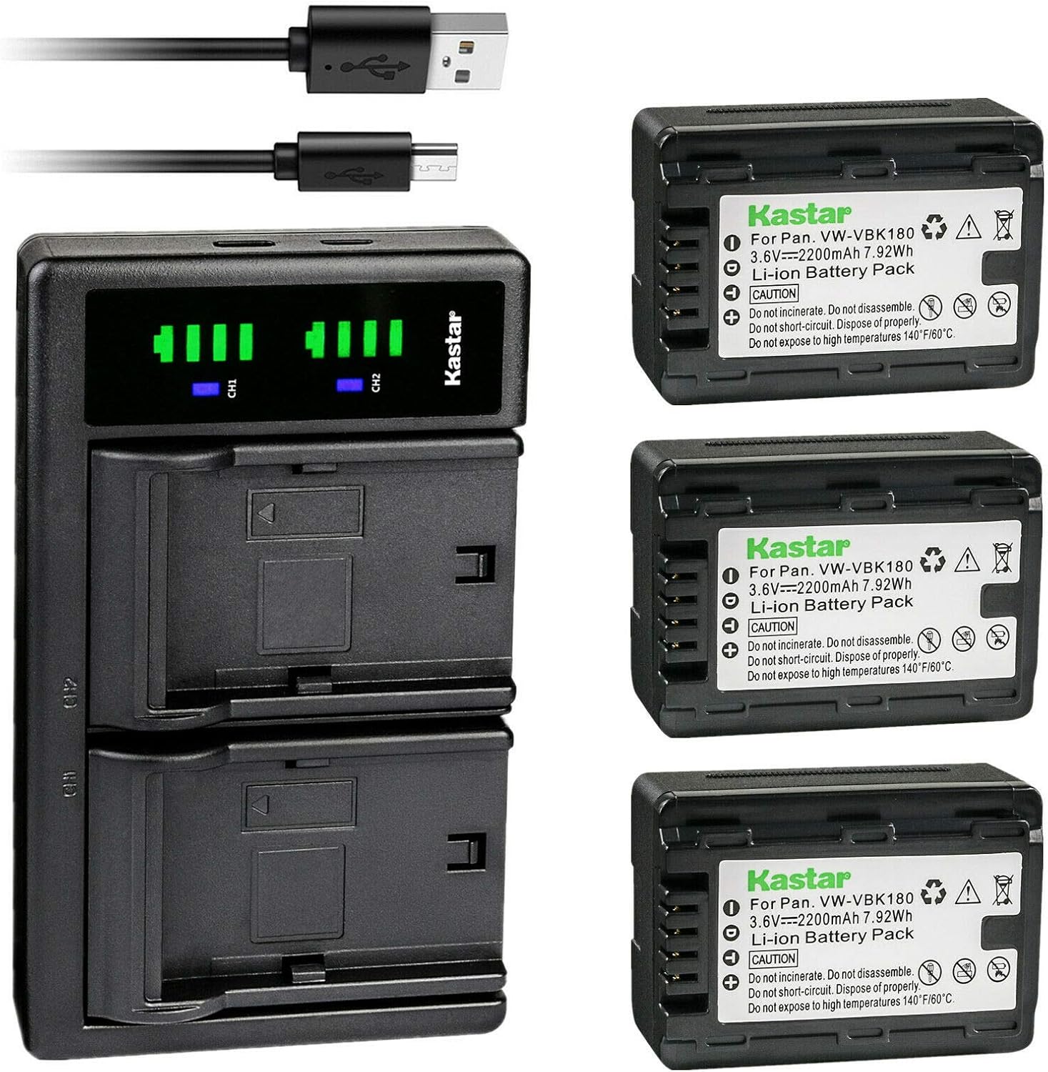 Kastar 3-Pack VW-VBK180 Battery and Charger for Panasonic Cameras