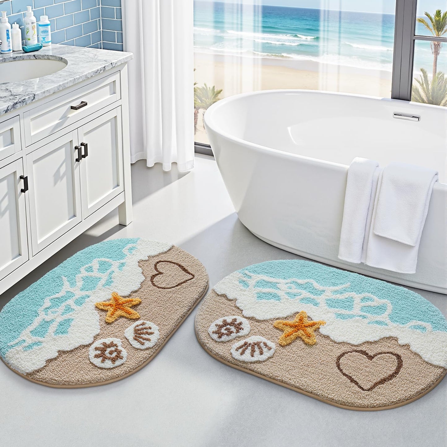 LUMI 2 Piece Beach Bathroom Rugs Set for Coastal Decor