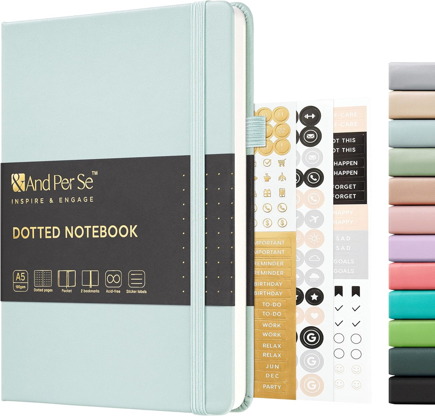 A5 Leather Bullet Journal 160 Pages 100 gsm - Dotted Paper, Stickers - Cyan