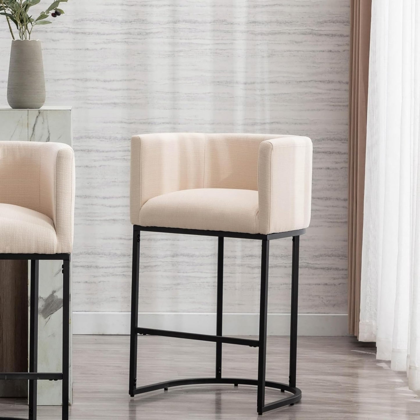 Contemporary Cream Linen Bar Stool with Black Metal Base