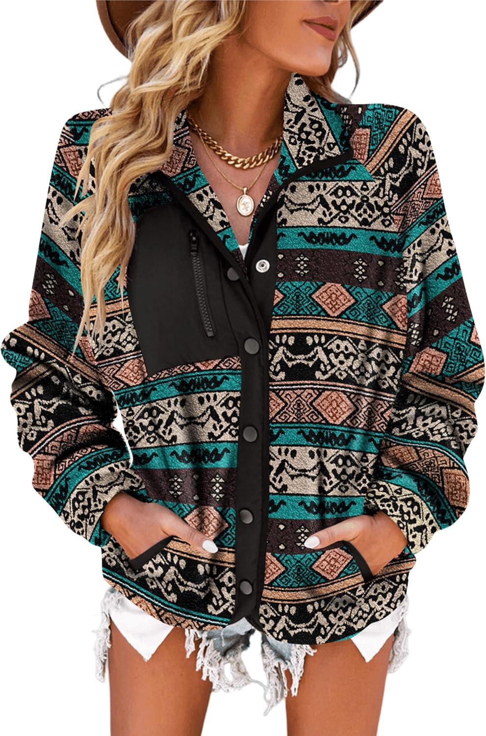 Womens Fleece Jacket with Western Aztec Print for Cozy Style