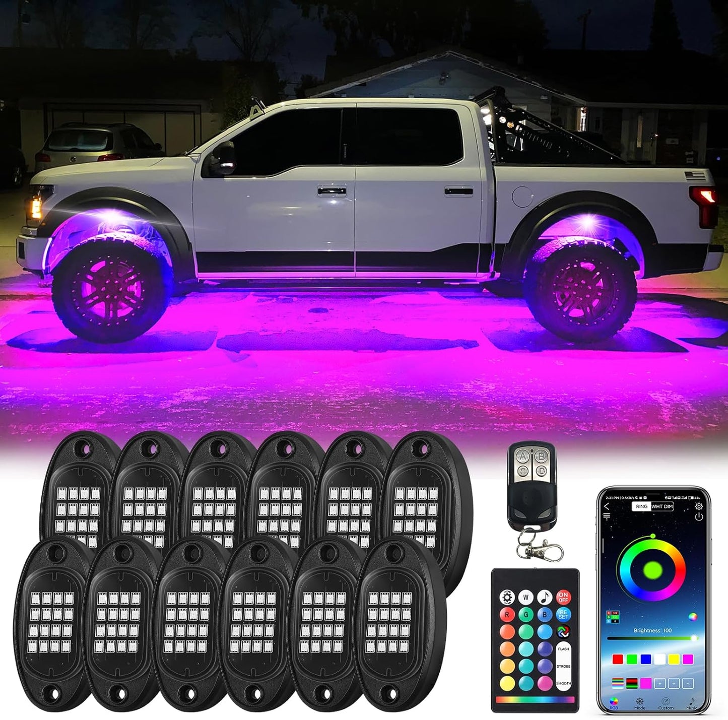 12Pods Segmented RGB LED Rock Lights Kit for Trucks and UTVs