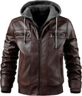 Mens Leather Motorcycle Bomber Jacket with Removable Hood - Windproof