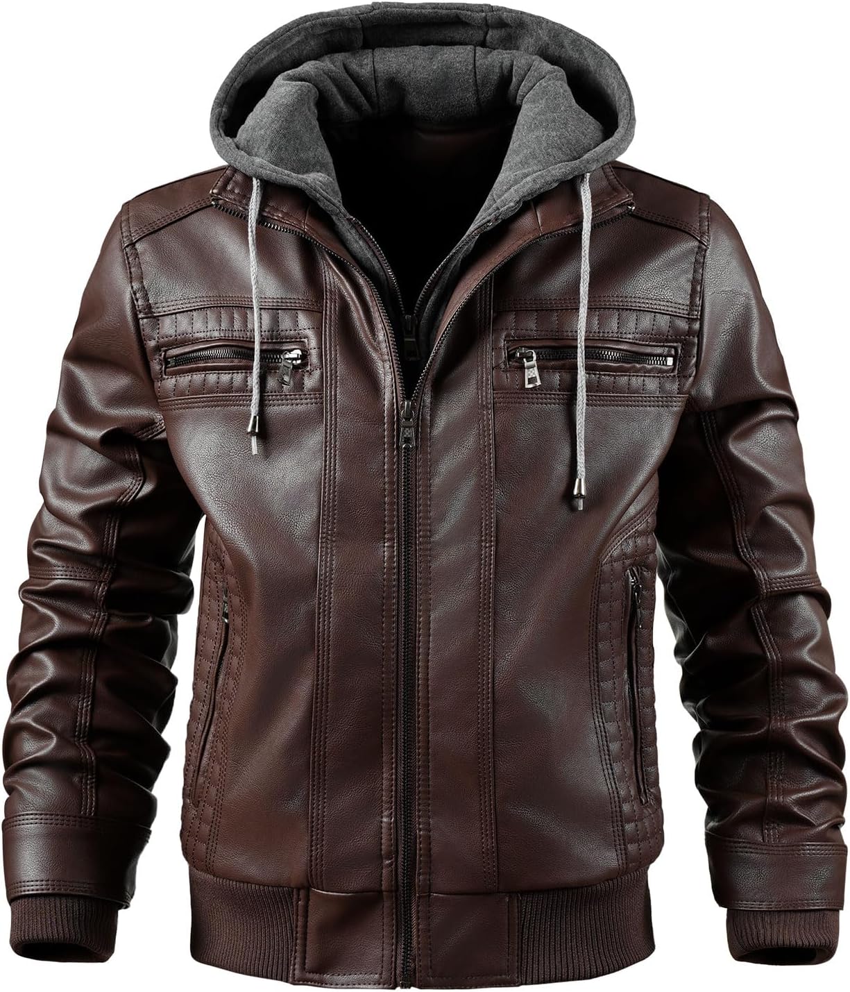 Men's Leather Jacket Motorcycle Bomber with Removable Hood