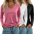 3 Pack Womens Long Sleeve V Neck T Shirts - Loose Fit Basics