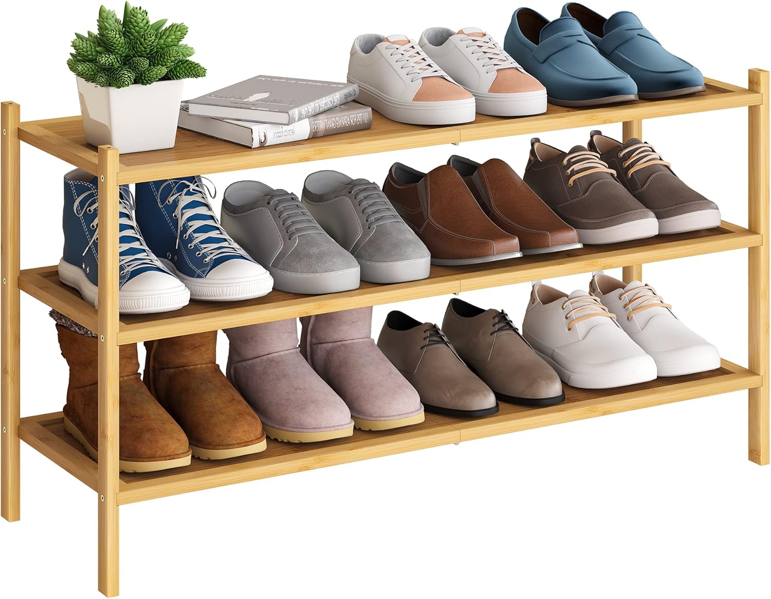BMOSU 3-Tier Bamboo Shoe Rack - Stackable Storage Organizer