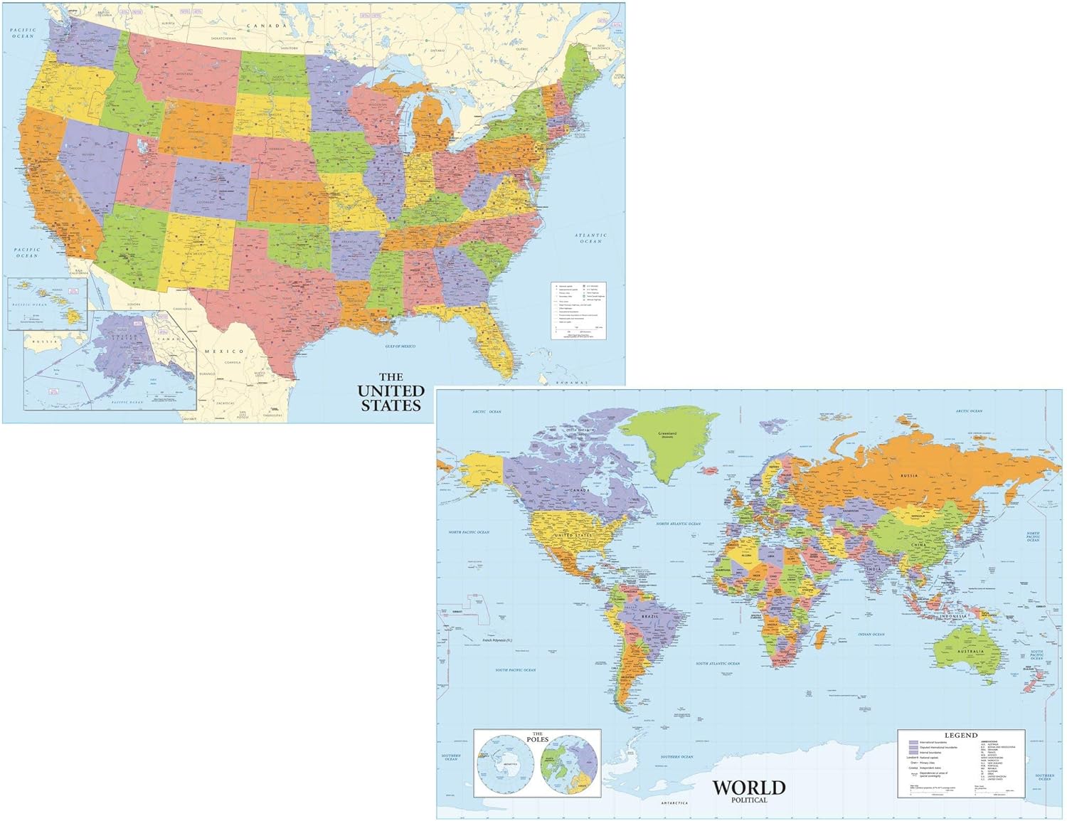 Large USA and World Map Set, Peel & Stick, Removable Wall Decor