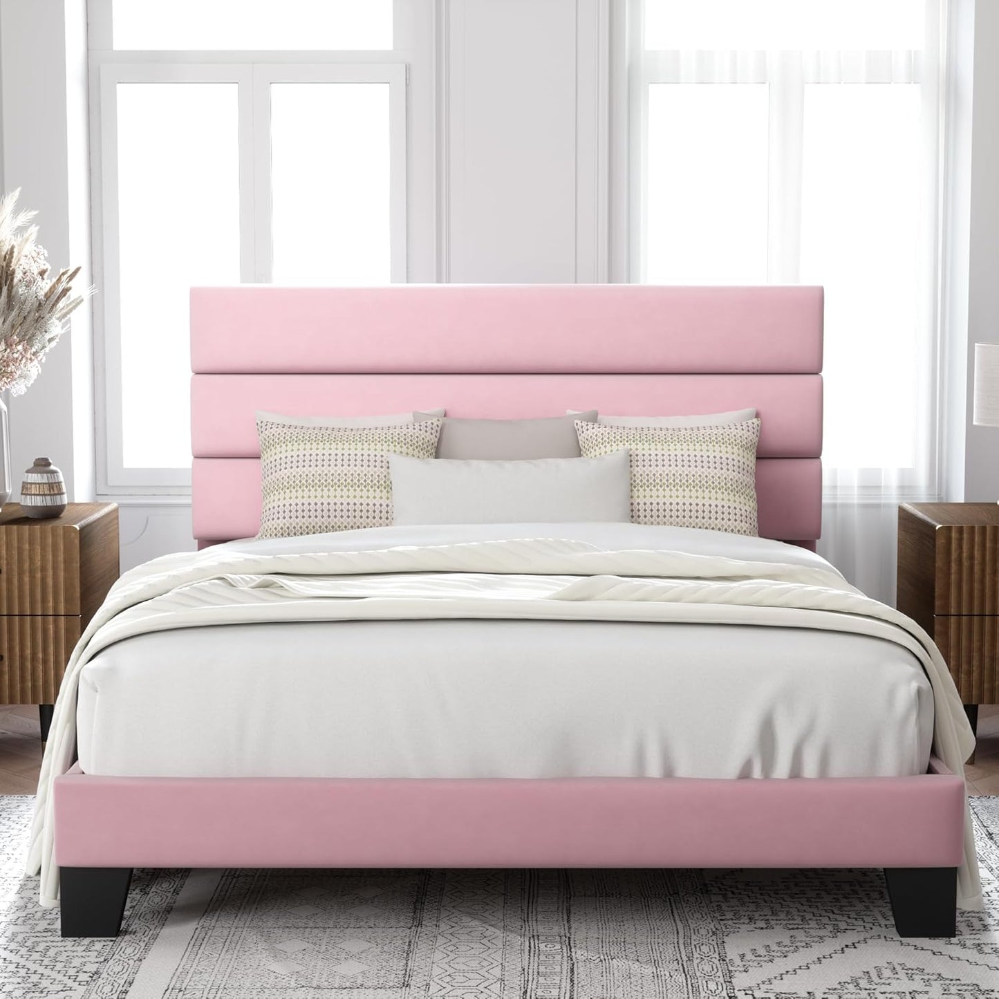 Allewie Full Size Platform Bed Frame with Velvet Headboard