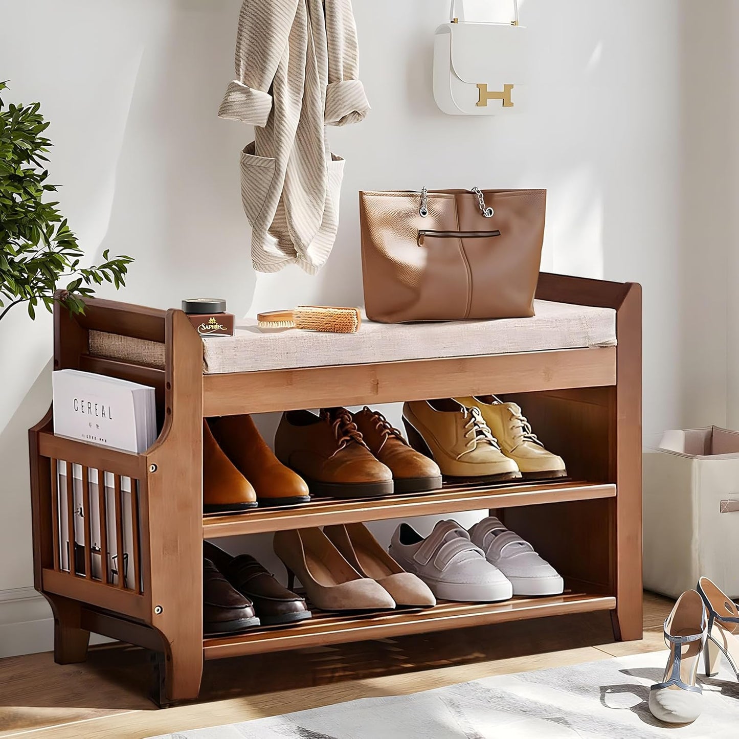 2 Tier Shoe Bench - Bamboo Shoe Rack Organizer for Entryway