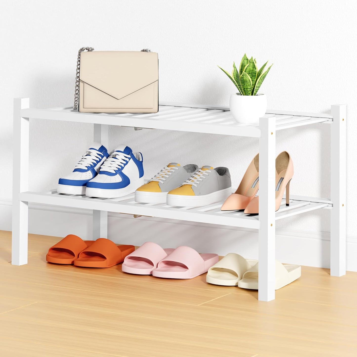 Smiry Shoe Rack - 2 Tier Bamboo Shoe Organizer for Entryway