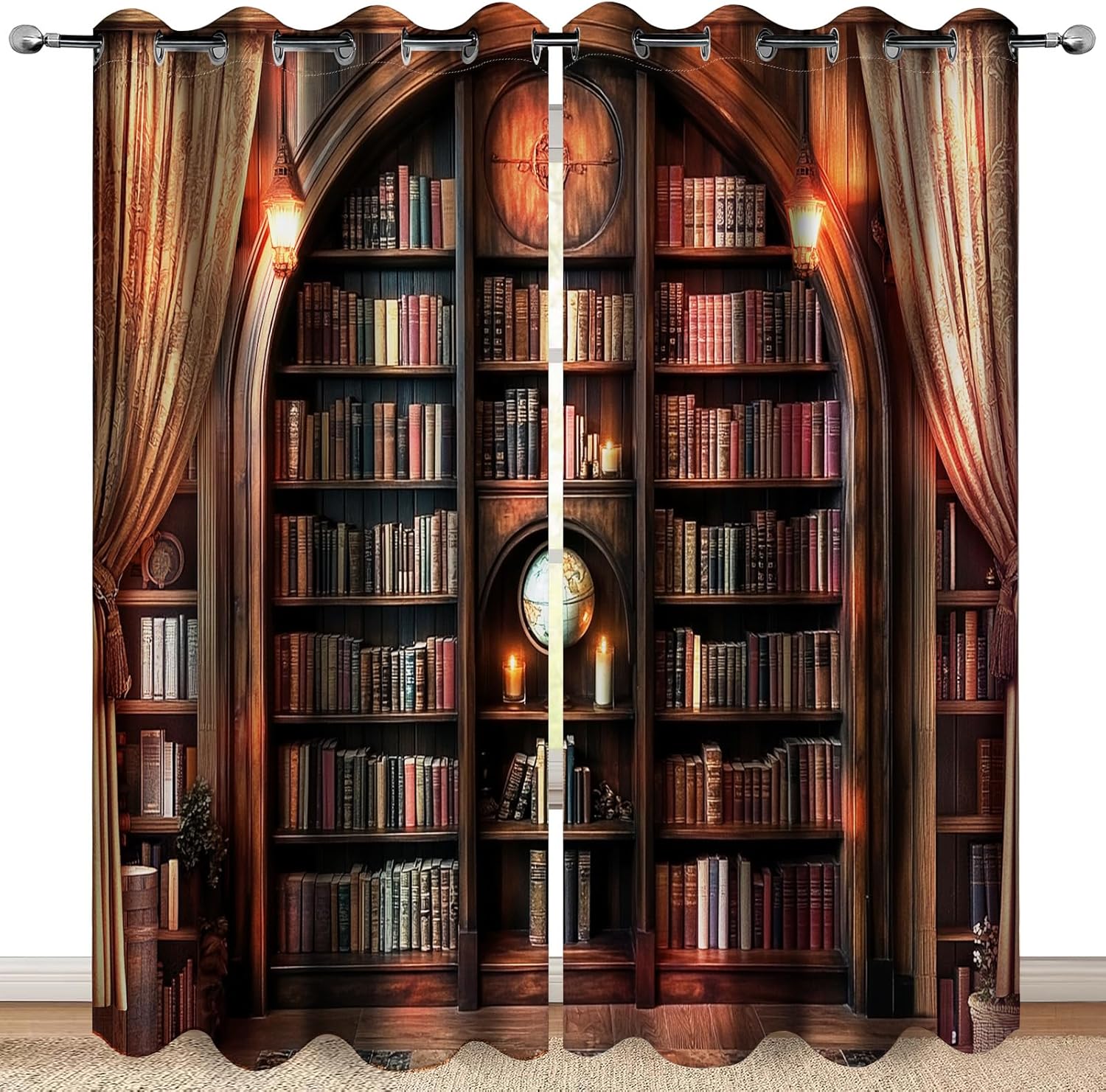 Vintage Bookshelf Blackout Curtains for Bedroom and Living Room