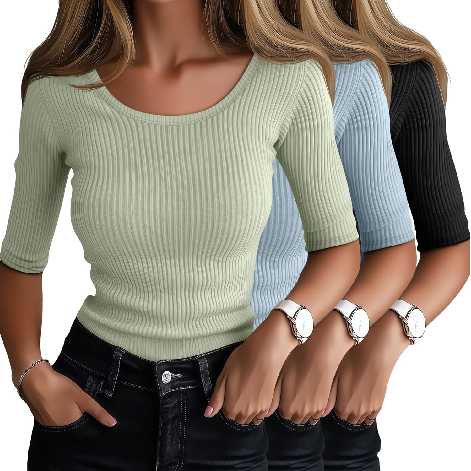 Ficerd 3 Pack Elbow Length Shirts for Women - Trendy Summer Tops