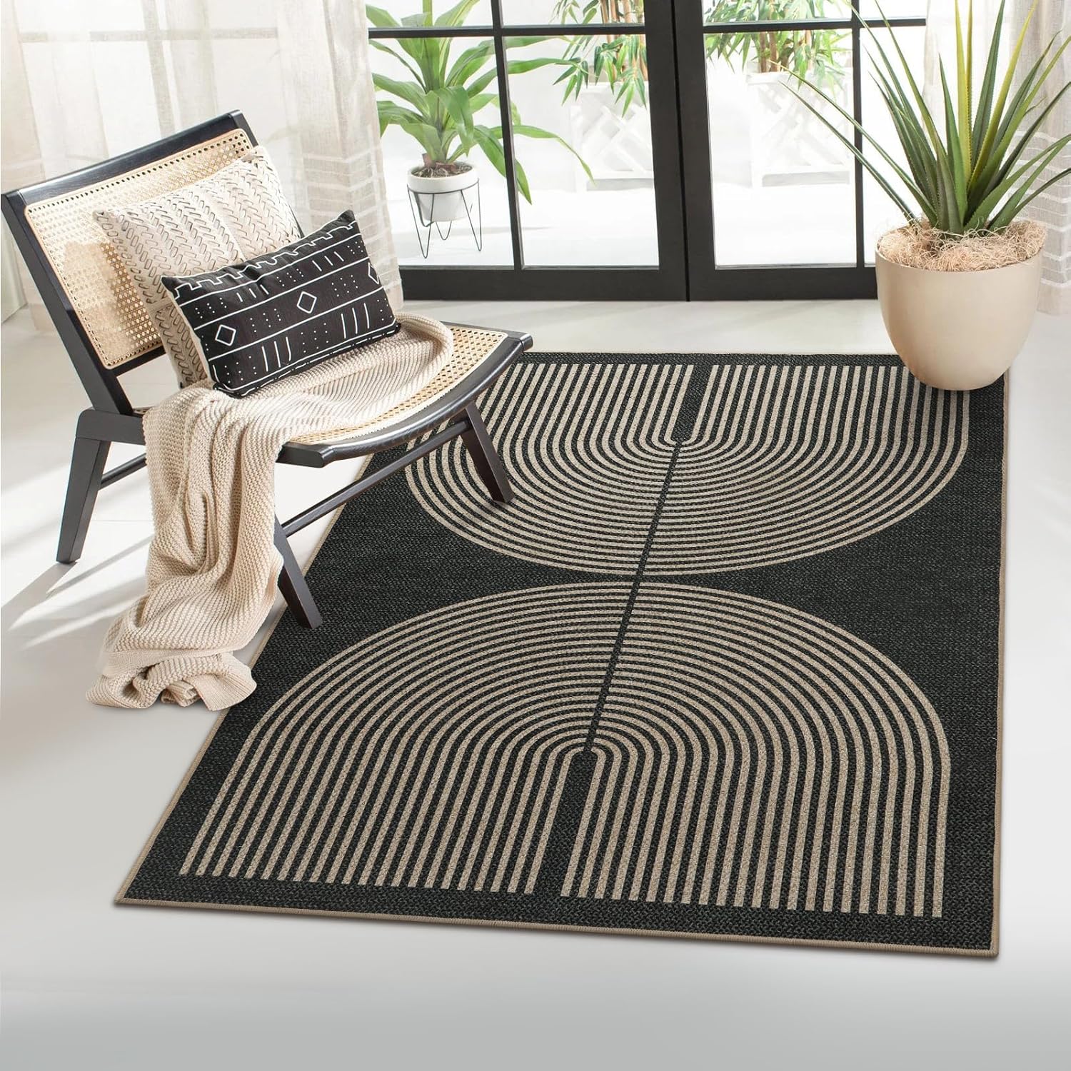Rainbow Jute Patio Rug, 3x5 Black Washable Non-Slip