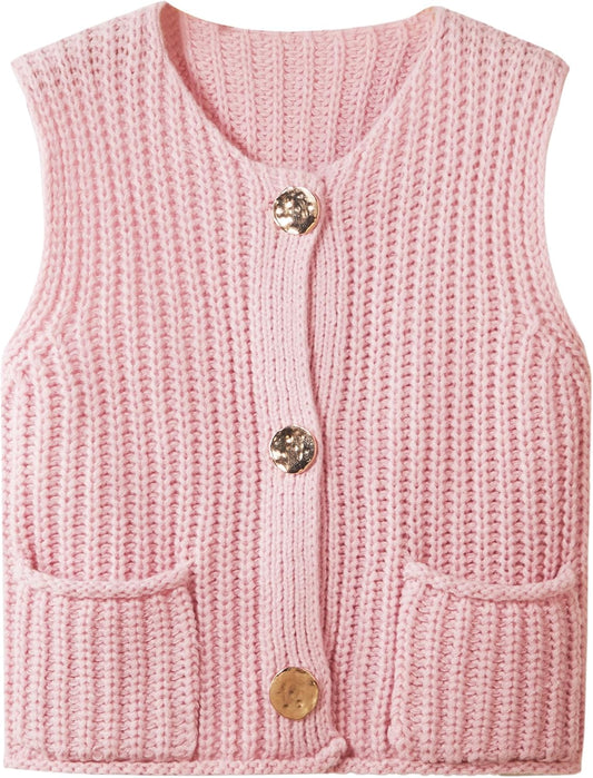 Womens Crochet Chunky Knit Top Sleeveless Button Down Crop Vest