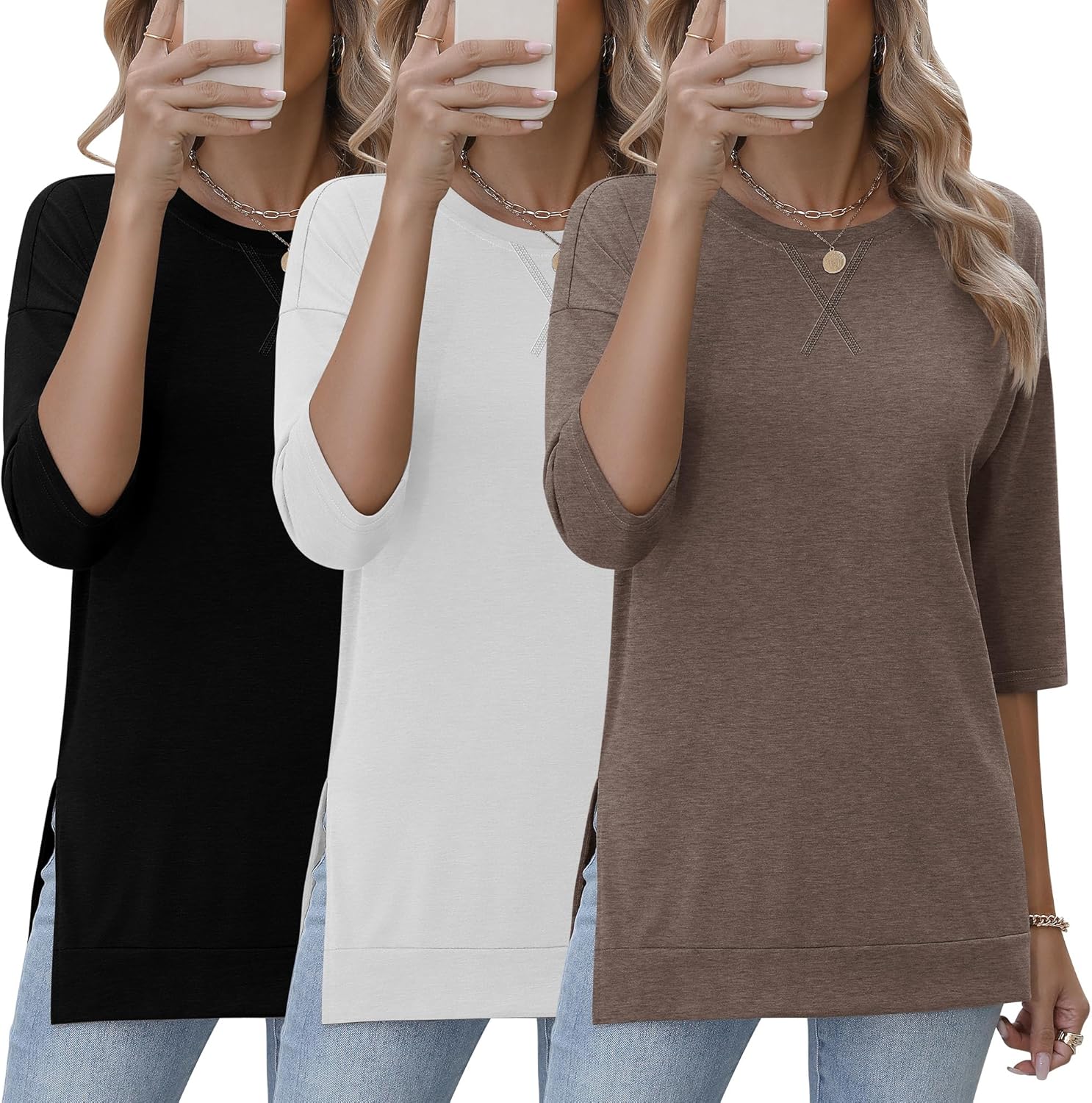 3 Pack 3/4 Length Sleeve Women's Tops with Side Slit Design