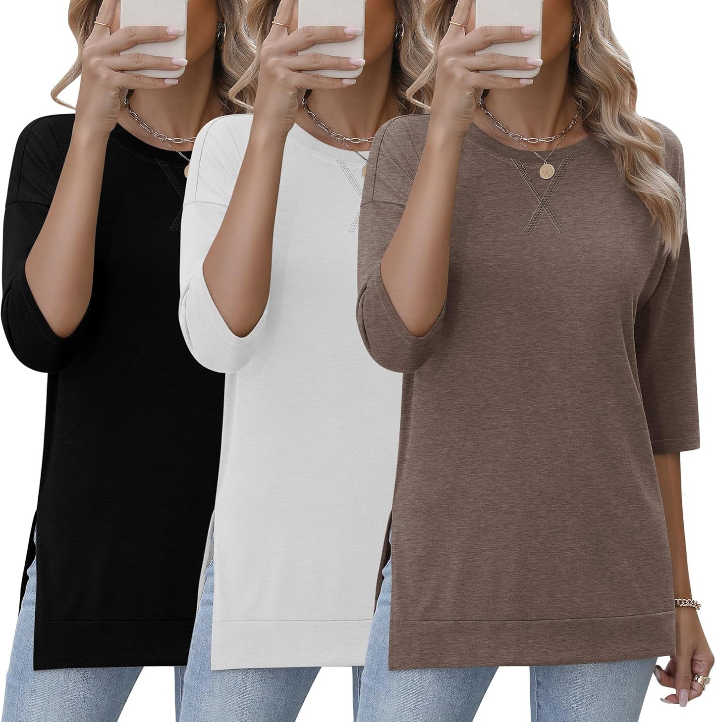Stylish 3 Pack 3/4 Length Sleeve Women's Tunic Tops for Fall