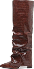 Women's Slouchy Knee High Boots Black - Pointed Fold-Over Chunky Heel