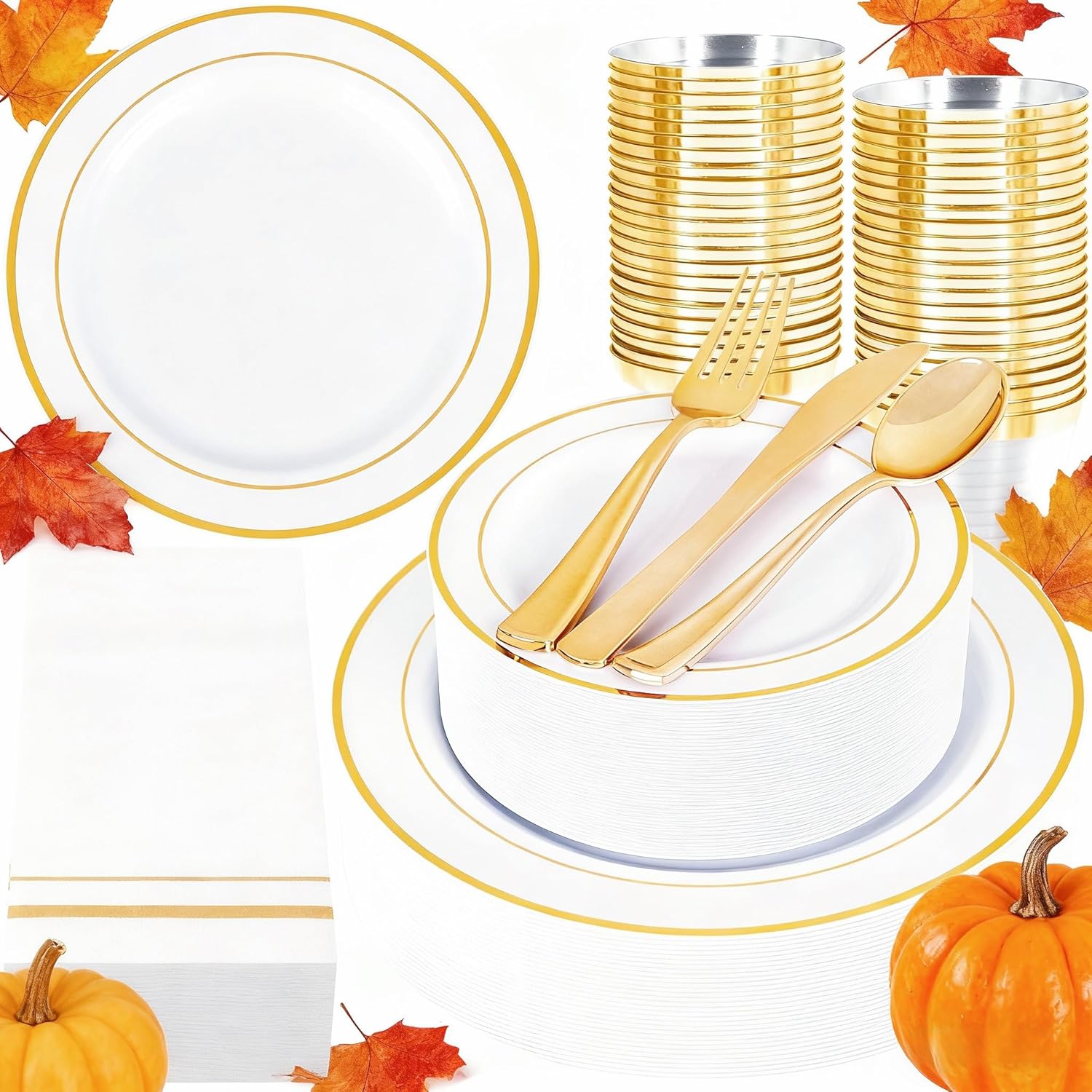 GATHER 350PCS White and Gold Plastic Plates for Elegant Events