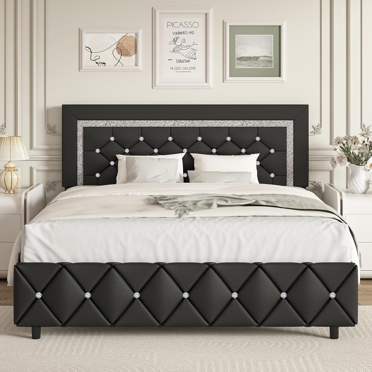 Queen Bed Frame with Headboard, Modern Faux Leather Design