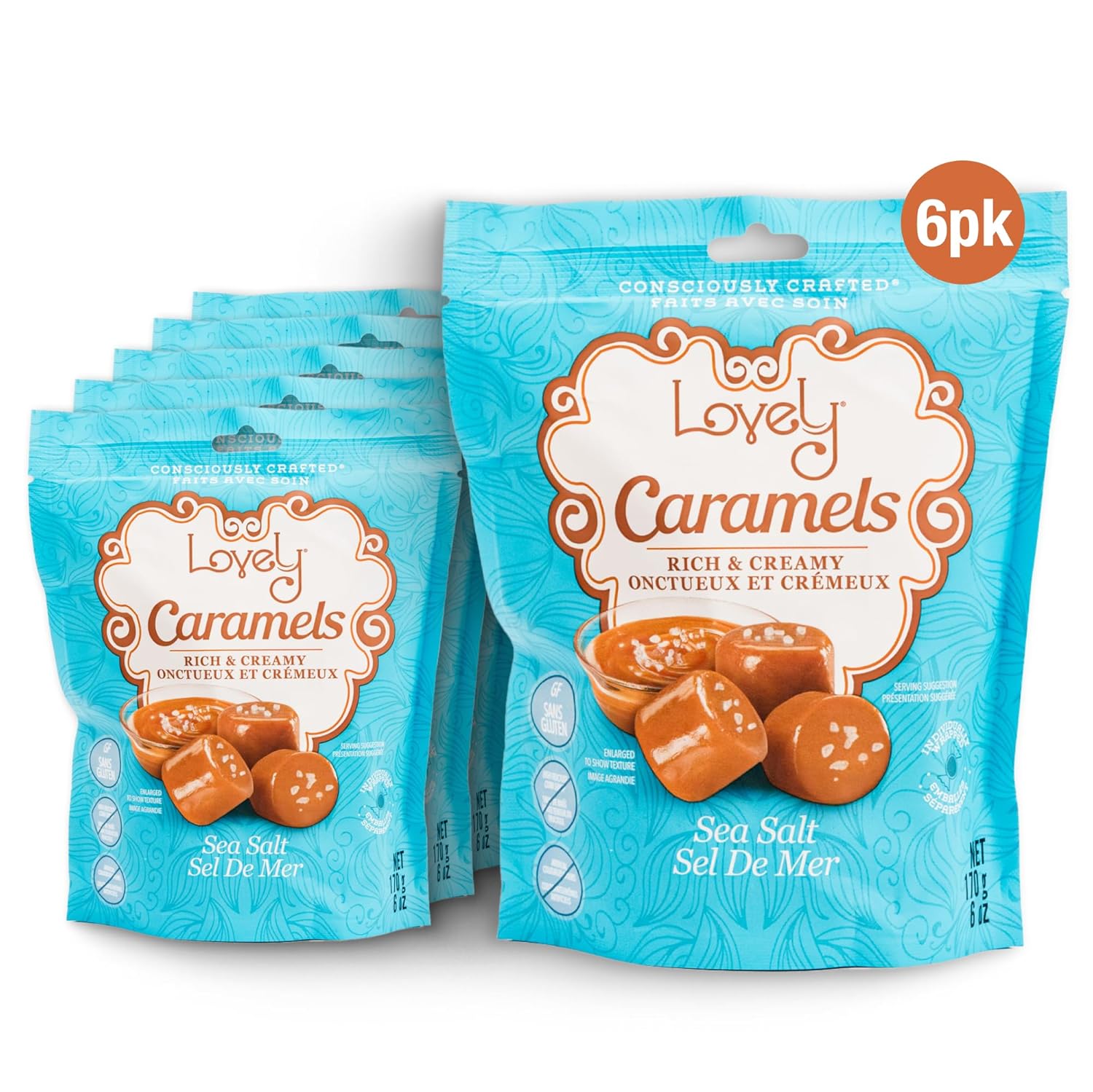Soft and Chewy Sea Salt Caramels, Gluten-Free Treats in 6oz Pack
