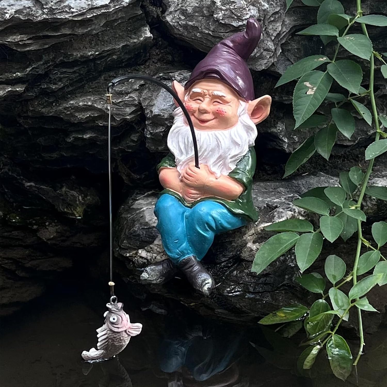 Garden Gnome Fishing Statue for Koi Pond Decor and Gifts