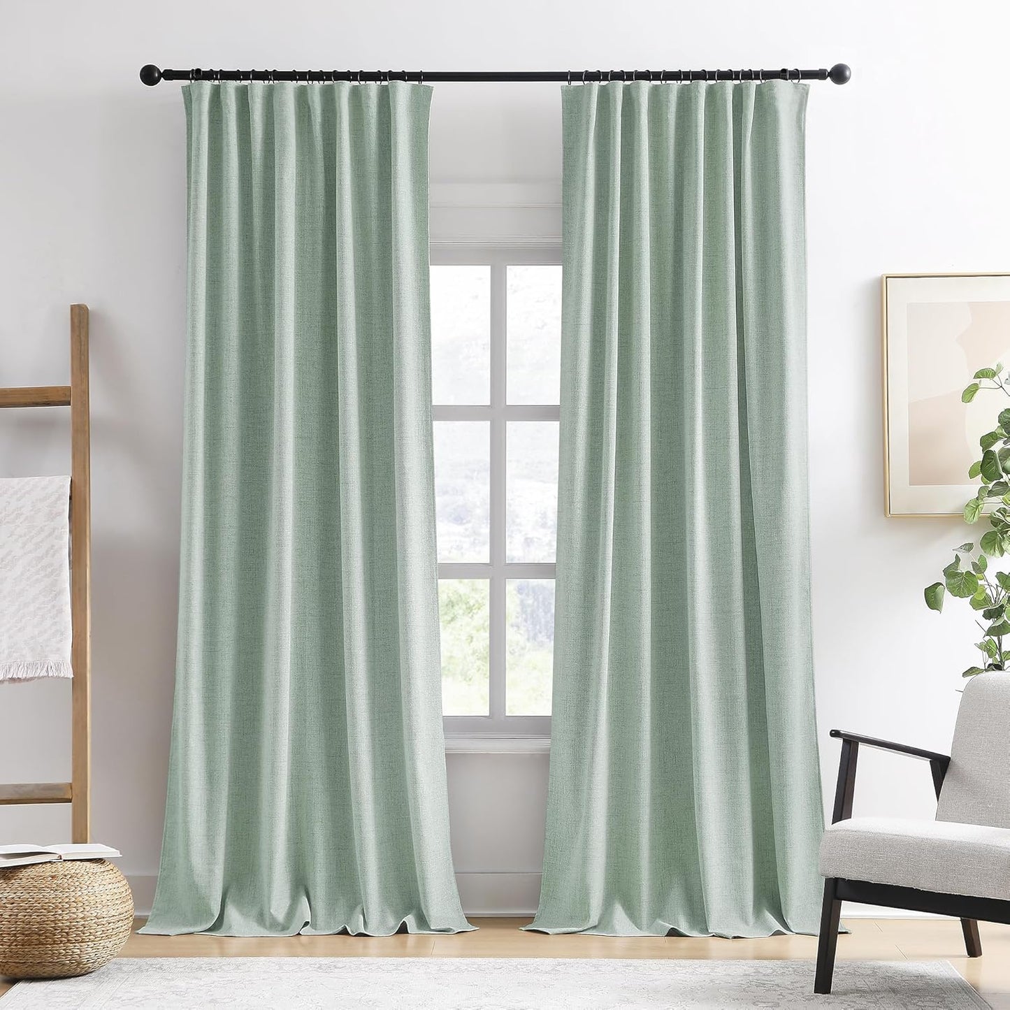 Light Green Linen Blackout Curtains 96 Inch Long for Home Decor