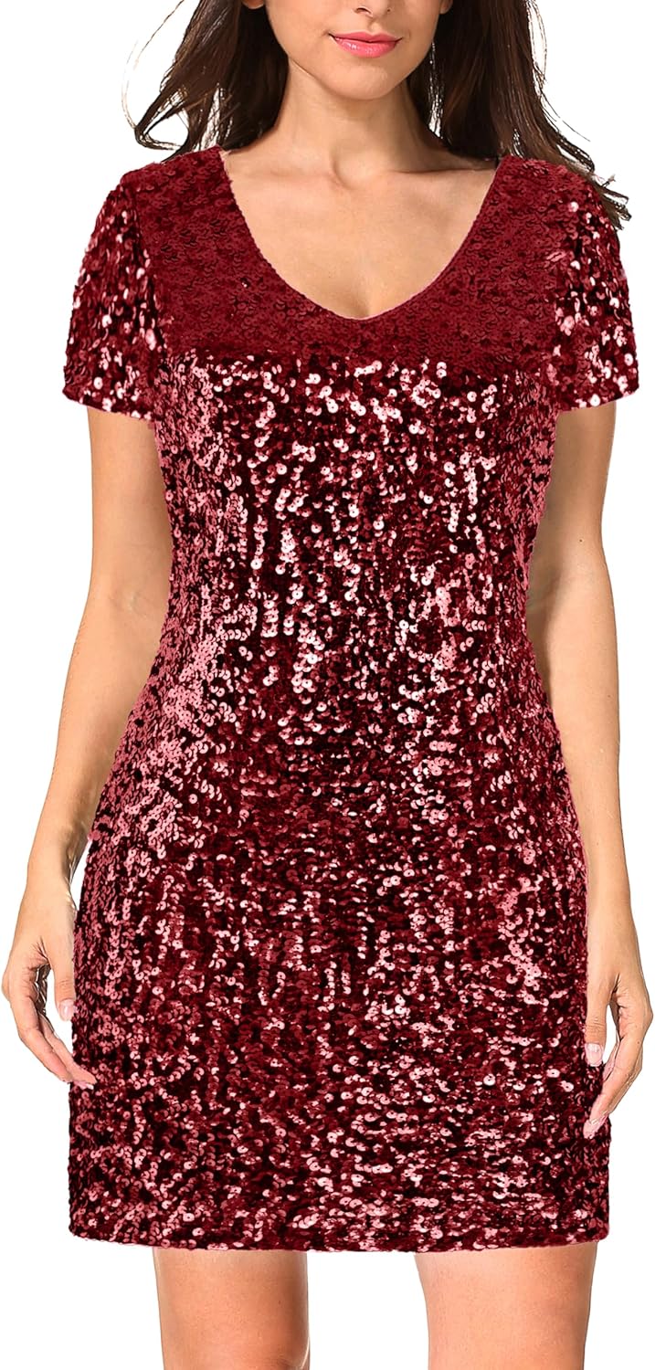 MANER Women's Sequin Glitter Short Sleeve Dress for Parties