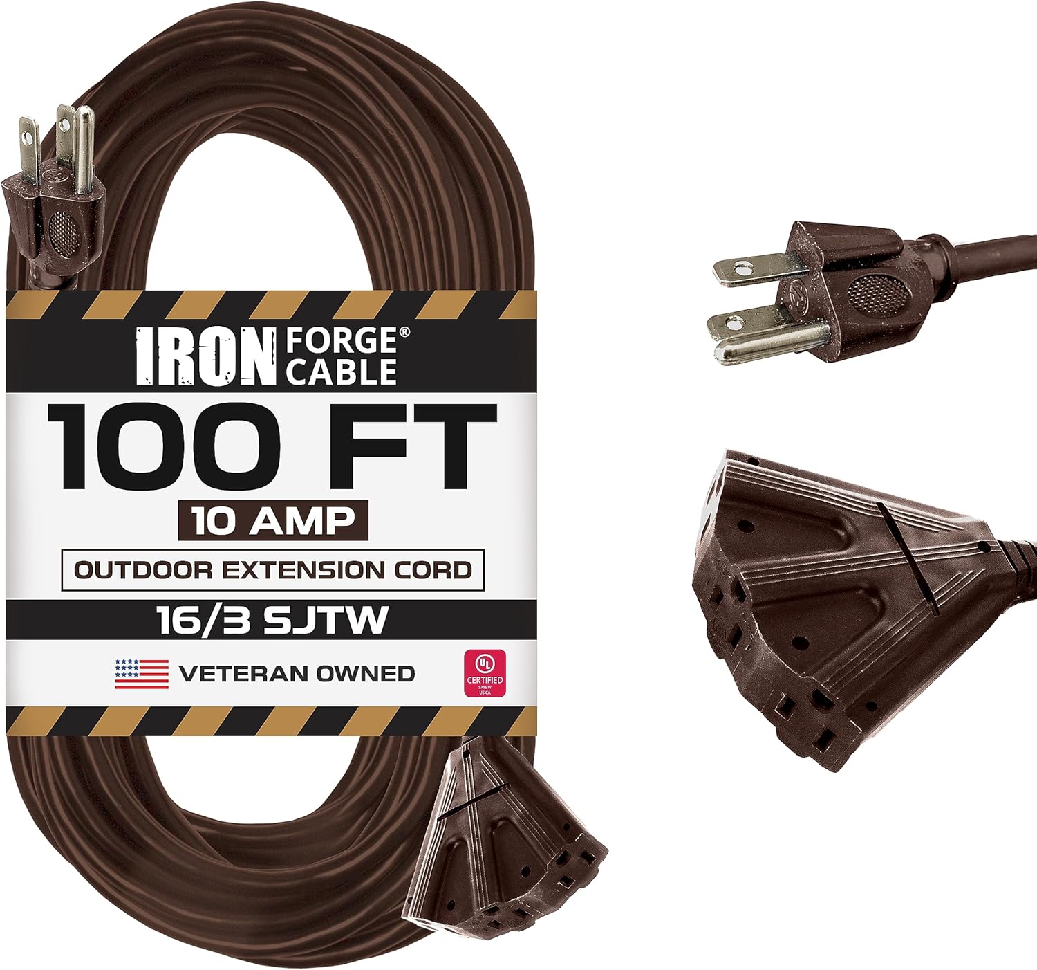 100ft Brown Outdoor Extension Cord with 3 Outlets for Versatile Use