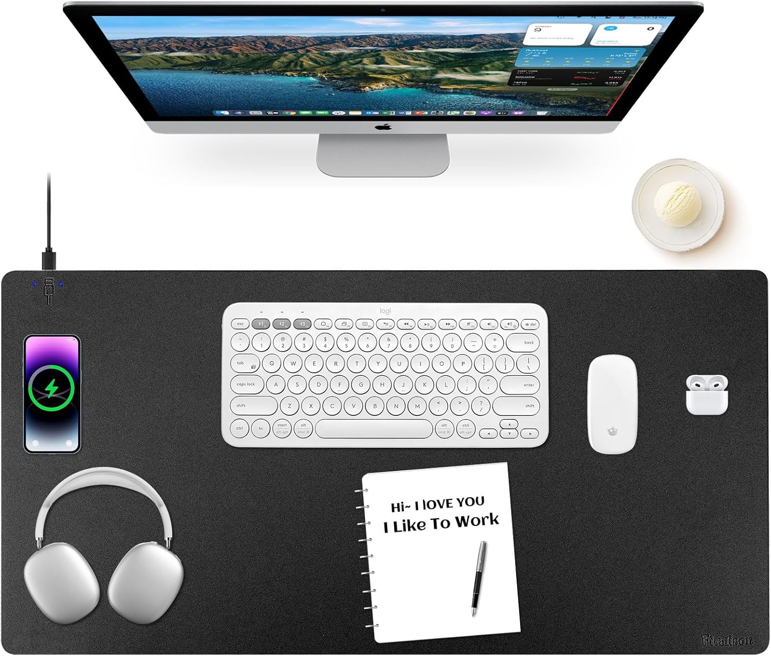 Wireless Charging Mouse Pad with Leather Surface and Non-Slip Base
