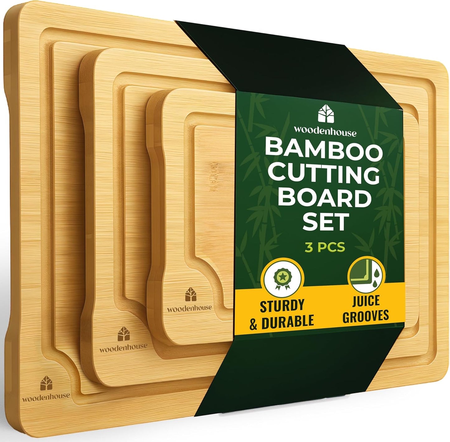 Bamboo Cutting Board Set of 3 - Thick & Durable Kitchen Boards
