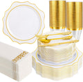 White and Gold Plastic Plates Set for 50 Guests - Elegant Disposable