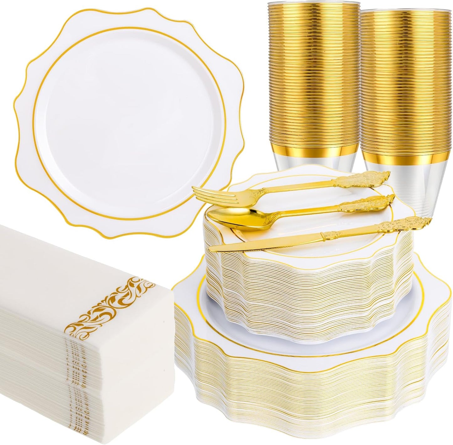 350 PCS White and Gold Plastic Plates for Elegant Parties