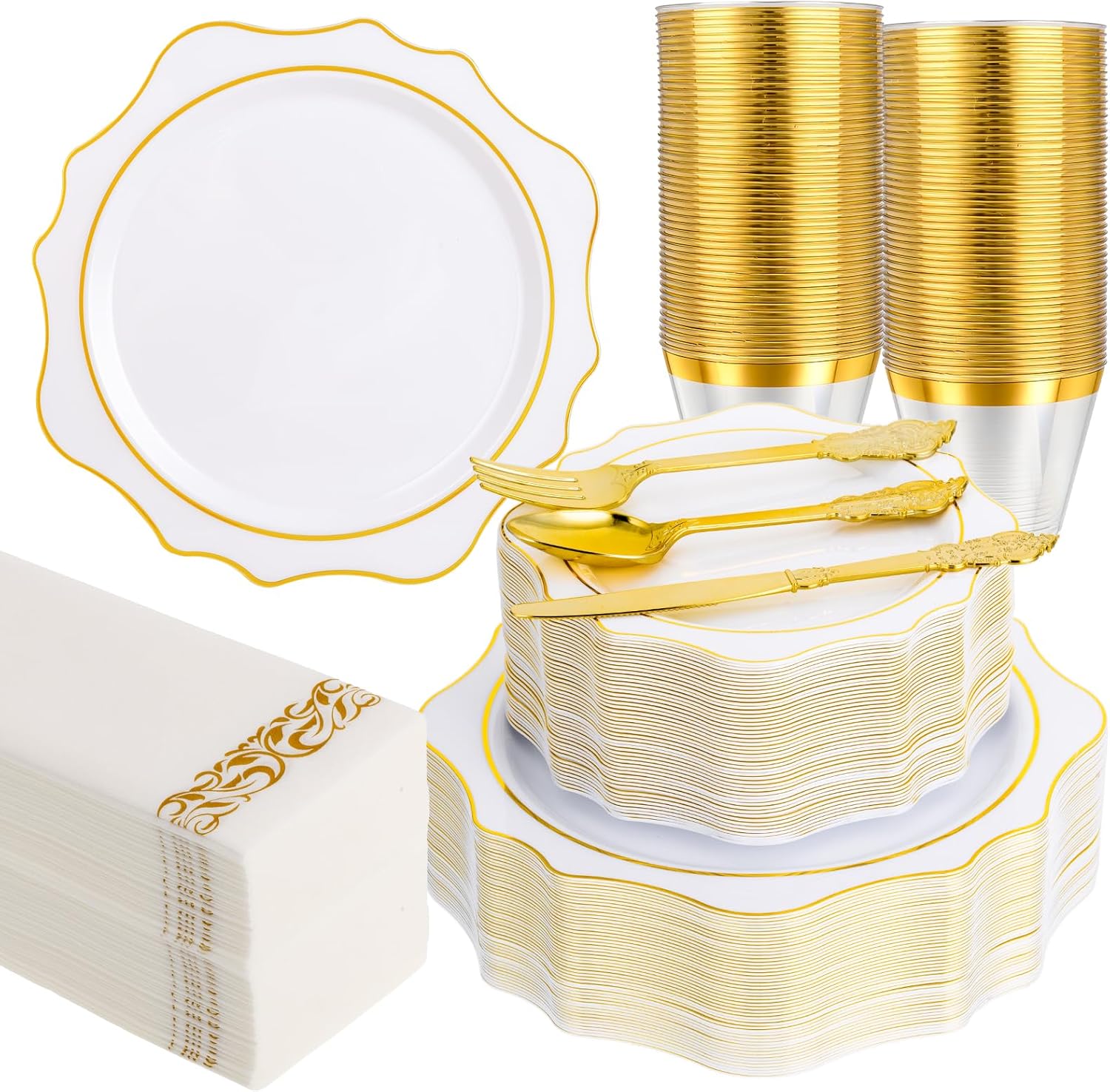 350 PCS White and Gold Plastic Plates for Elegant Parties