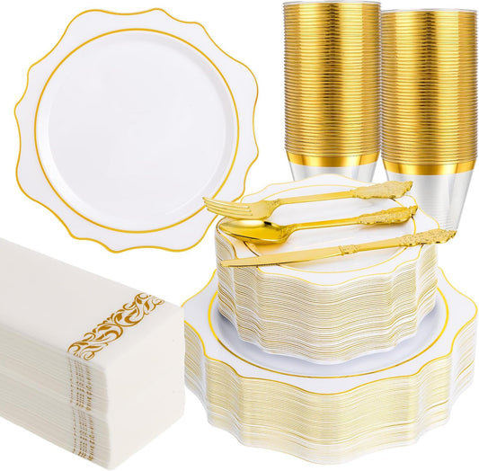 350 PCS White and Gold Plastic Plates for Elegant Parties