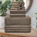 8 Pcs Brown Cabana Stripe Polyester Large Bath Towel Set - Quick Dry
