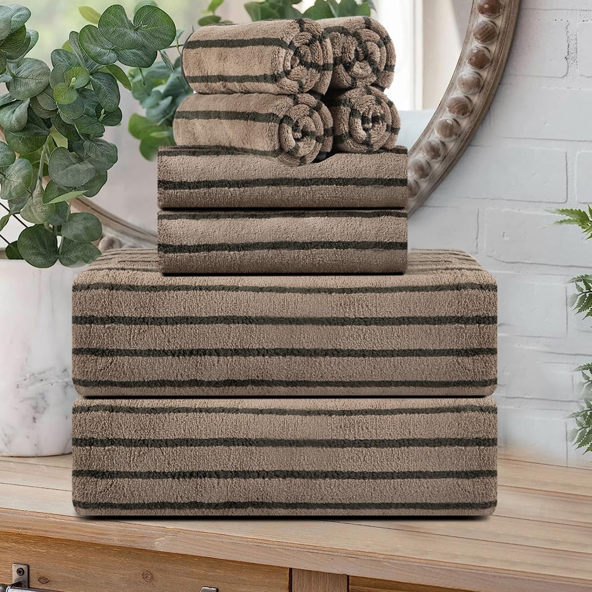 8 Pcs Brown Cabana Stripe Polyester Large Bath Towel Set Review