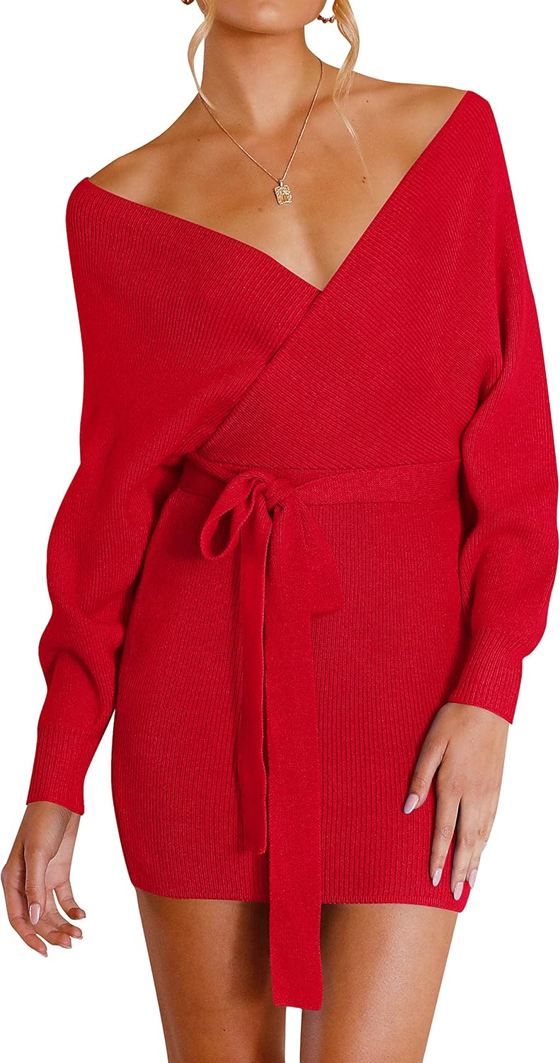 ZESICA Women's Fall Long Batwing Sleeve Wrap V Neck Dress