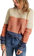 Color Block Sweater Pullover for Women - Cozy Lightweight Crewneck