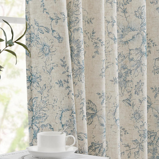 Floral Linen Blend Curtains for Living Room and Bedroom Decor
